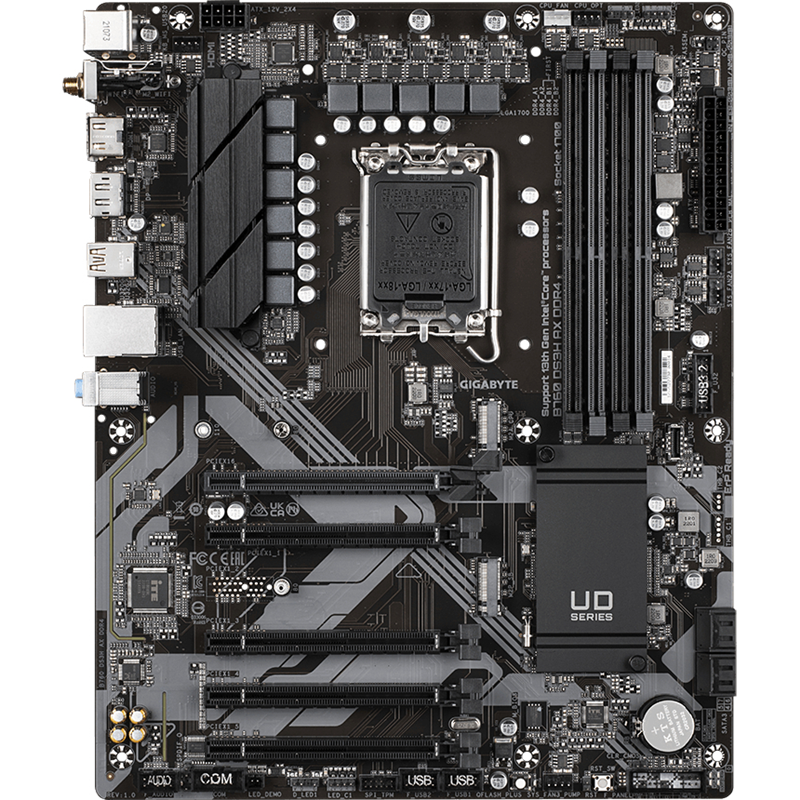 Материнская плата/ MB GIGABYTE INTEL B760 s1700, 4xDDR4(128GB), HDMI 2.0/DP, 1xPCIe 4.0x16, 4xPCIe 3.0x16, 1xLAN, Wi-Fi, BT, 4xSATA 6Gb/s, 2xM.2, 1xUSB-C, 1xUSB 3.2, 4xUSB 2.0, 1xPS/2, ATX