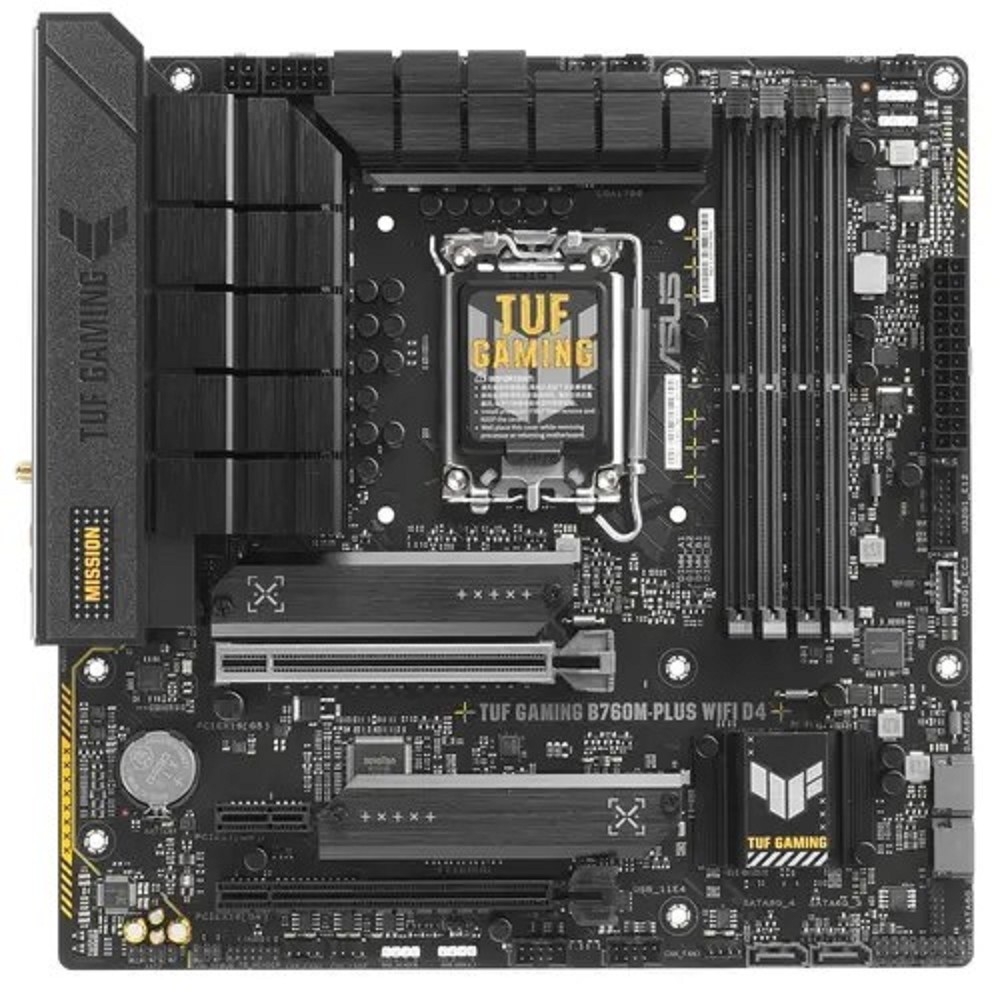 ASUS TUF GAMING B760M-PLUS WIFI D4  (Socket 1700, mATX, 4xDDR4(128GB), DP/HDMI, 1xPCIe 5.0x16/1xPCIe 4.0x16/1xPCIe 4.0, 1xLAN (2.5GbE), Wi-Fi, BT, 4xSATA 6Gb/s, 2xM.2, 1xType-C, 5xUSB 3.2, 2xUSB 2.0)