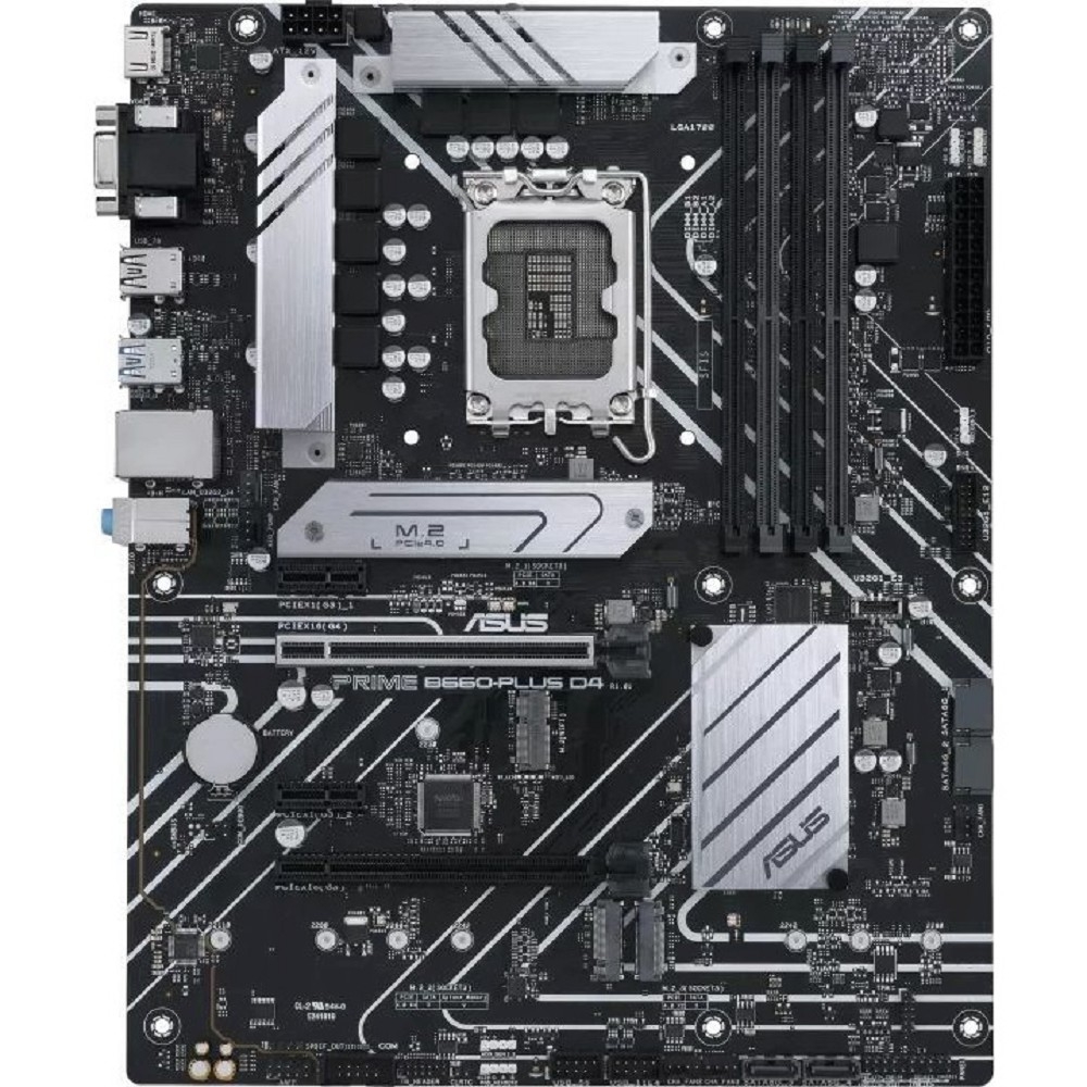 ASUS  PRIME B660-PLUS D4 (Socket 1700, ATX, 4xDDR4(128GB), D-SUB/HDMI 2.1/DP, 1xPCIe 4.0x16, 1xPCIe 3.0x16/2xPCIe 3.0, 1xLAN, 4xSATA 6Gb/s, 3xM.2, 1xM.2 E key, 1xUSB-C, 3xUSB 3.2, 2xUSB 2.0)