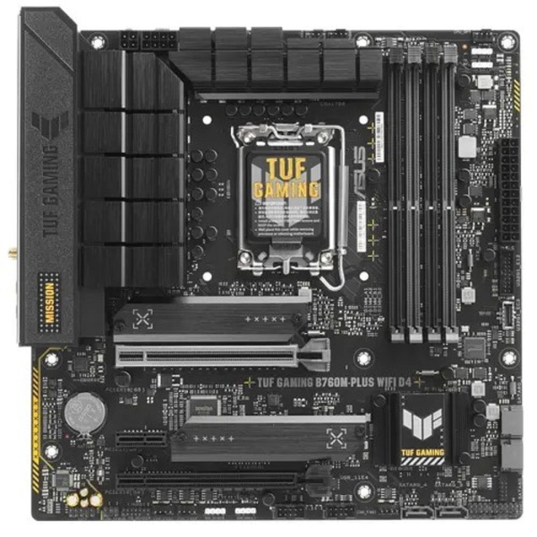 ASUS TUF GAMING B760M-PLUS WIFI D4  (Socket 1700, mATX, 4xDDR4(128GB), DP/HDMI, 1xPCIe 5.0x16/1xPCIe 4.0x16/1xPCIe 4.0, 1xLAN (2.5GbE), Wi-Fi, BT, 4xSATA 6Gb/s, 2xM.2, 1xType-C, 5xUSB 3.2, 2xUSB 2.0)