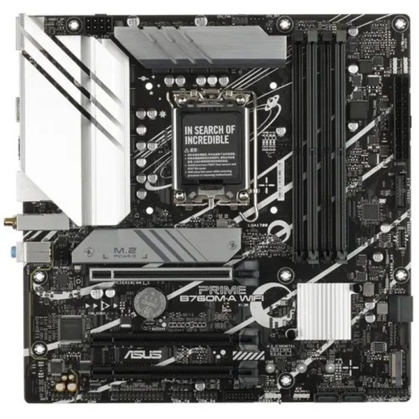 ASUS PRIME B760M-A WIFI (Socket 1700, mATX, 4xDDR5(128GB), 2xHDMI 2.1/DP, 3xPCIe 4.0x16, 1xLAN (2.5GbE), Wi-Fi, BT, 4xSATA 6Gb/s, 2xM.2, 2xUSB 3.2, 4xUSB 2.0, 1xPS/2)