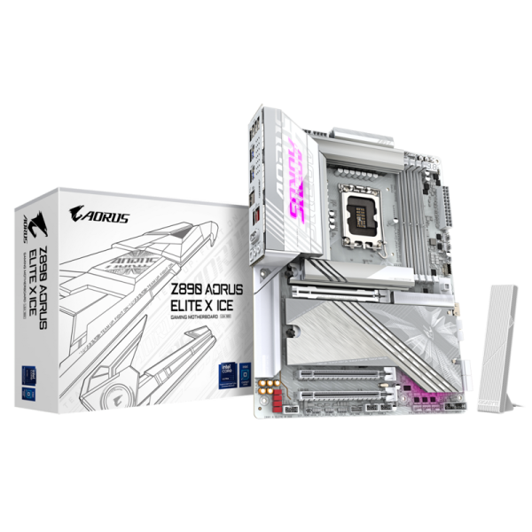 Материнская плата/ Z890 AORUS ELITE X ICE, Socket 1851, Intel®Z890, 4xDDR5-6400, 3xPCI-Ex16, 4xSATA3(RAID 0/1/5/10), 5xM.2, 8Ch Audio, 1x2.5GbLan, WiFi, (4+4)xUSB2.0, (6+2)xUSB3.2, (1+1)xUSB Type-C™, ATX, RTL