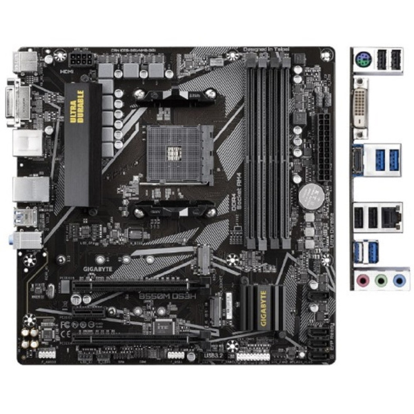 Gigabyte B550M DS3H RTL {Socket AM4, AMD B550, 4xDDR4-3200, DVI-D+HDMI, 2xPCI-Ex16, 1xPCI-Ex1, 4xSATA3(RAID 0/1/10), 2xM.2, 8 Ch Audio, GLan, (4+2)xUSB2.0, (4+2)xUSB3.2, 1xPS/2, mATX}