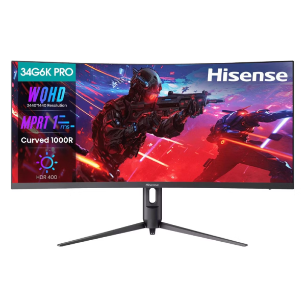 Монитор Hisense/ 34"/3440x1440, изогнутый, VA, 21:9, матовое/антибликовое, 180Гц, время отклика 1мс, 280кд/м2, 4000:1, HDR 400, DisplayPort,  HDMIх2, разъем для наушников 3.5мм